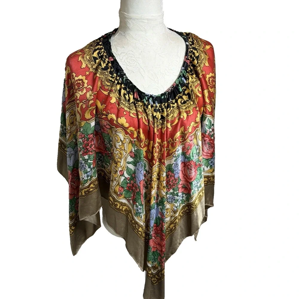 Handmade Poncho Cape~OS~Made from a Vintage Silk Scarf Floral Scroll Boho Resort